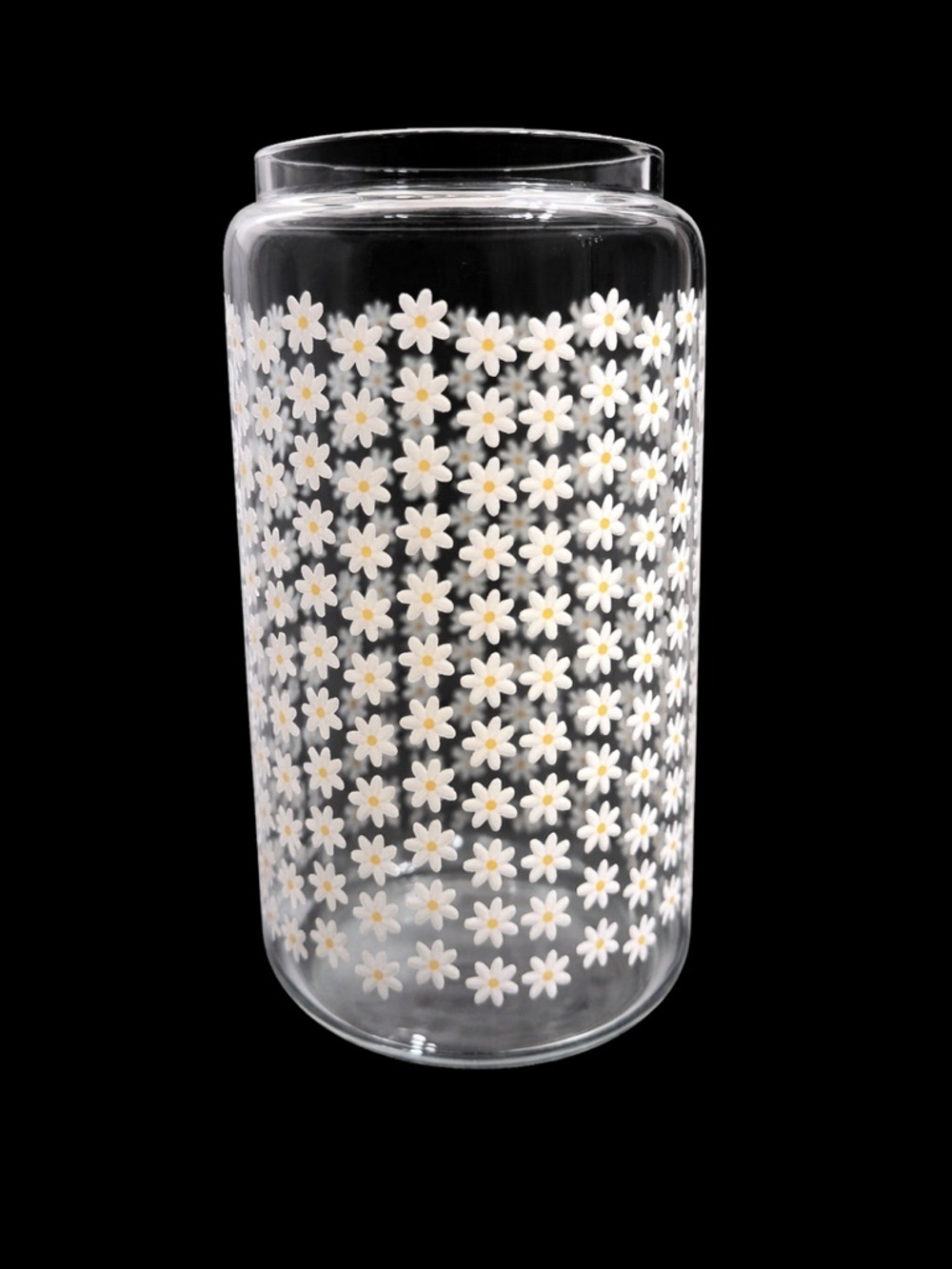 Clear Glass Daisy Cylinder Vase with White & Yellow Floral Pattern